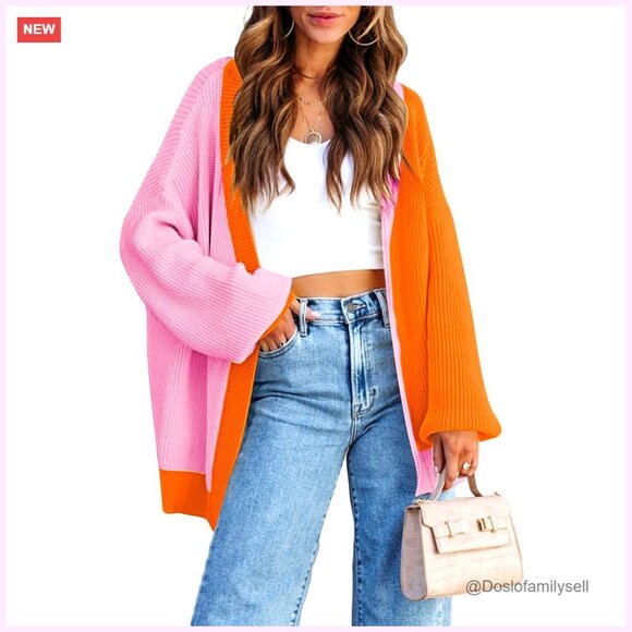 Sweaters - Oversized Ribbed Knit Cardigan with Batwing Sleeves and Pockets